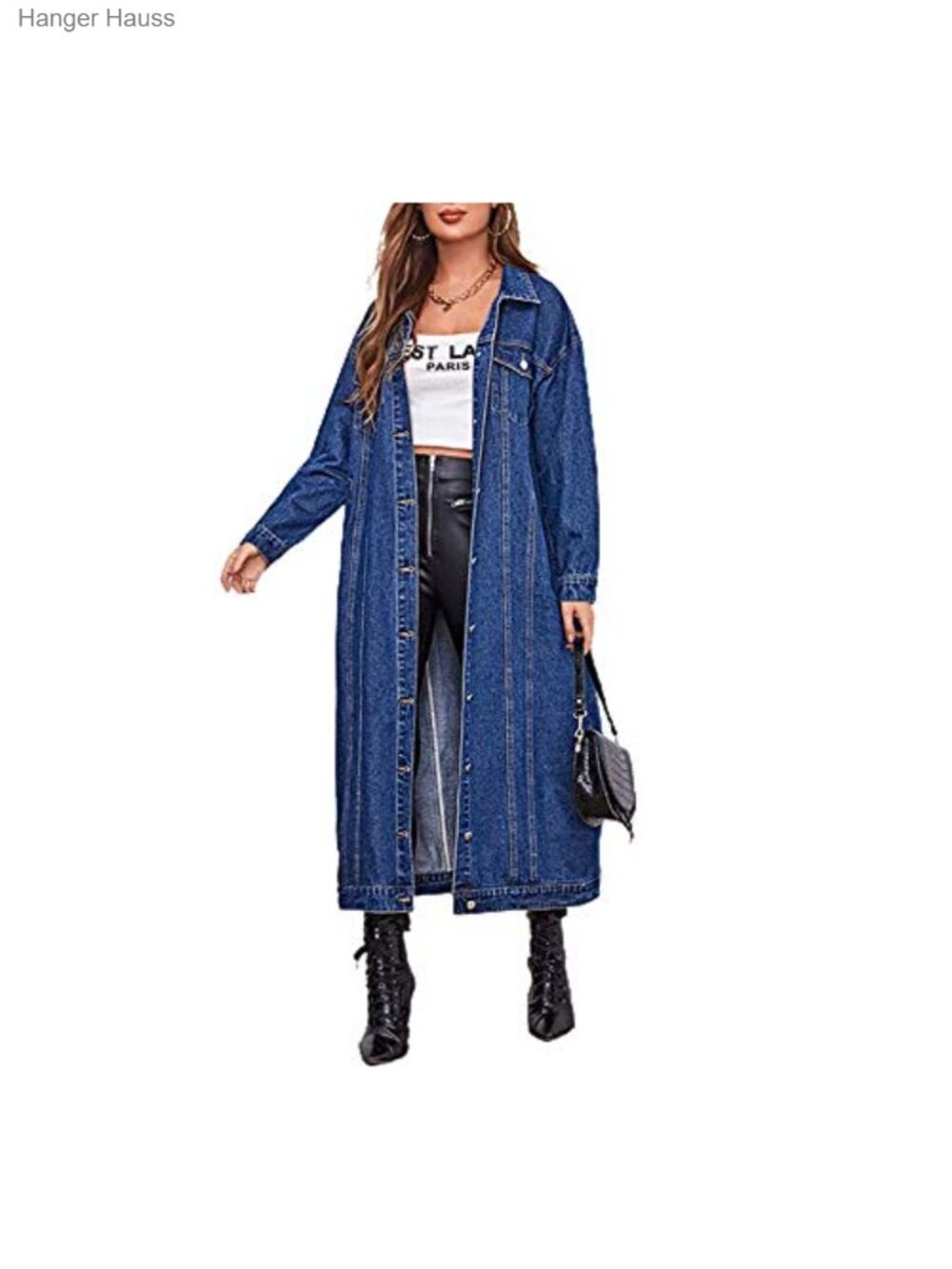 Women's Vintage Denim Jacket Long Midi Trench Coat Button Down Loose Fit